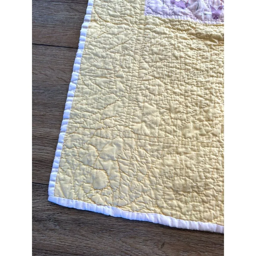 Vintage Fairy Elf Baby Blanket Quilt Hand Drawn Handmade Yellow Flaws READ